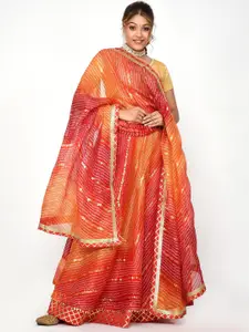 Kesarya Red & Orange Embellished Khari Print Ready to Wear Lehenga & Unstitched Blouse With Dupatta