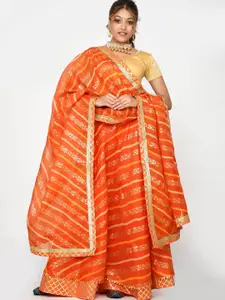 Kesarya Orange & Gold-Toned Foil Print Ready to Wear Lehenga & Unstitched Blouse & Dupatta