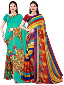 Florence Green & Yellow Pack of 2 Floral Pure Georgette Saree