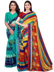 Florence Pack Of 2 Women Green & Blue Floral Pure Georgette Saree