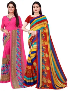 KALINI Pack Of 2 Women Magenta & Red Pure Georgette Saree