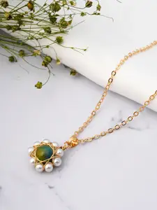 Emmie Gold-Plated Green & White Pearl Flower Pendant