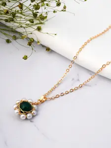 Emmie Gold-Toned White & Green Stone Studded & Beaded Pendant With Chain