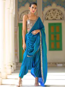 Swtantra Blue & Gold-Toned Satin Saree