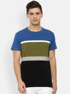 Louis Philippe Jeans Men Blue & Olive Green Colourblocked Slim Fit T-shirt