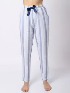 Claura Women Blue & White Striped Pure Cotton Lounge Pants