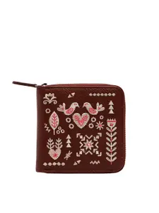 Chumbak Women Brown & Pink Ethnic Motifs Printed Embroidered PU Zip Around Wallet