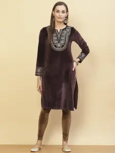 Lakshita Women Brown Embroidered Flared Sleeves Velvet Kurta