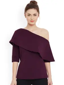 Miss Chase Women Burgundy Solid One-Shoulder Layered Pure Cotton Top