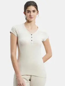 Jockey Women Cream-Coloured Self-Striped V-Neck T-shirt