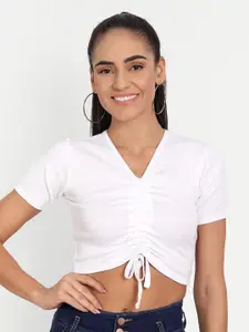COLOR CAPITAL Women White Ribbed Tie-up Crop Top