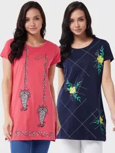 Modeve Women Pack of 2 Coral Pink & Navy Blue Printed T-shirts