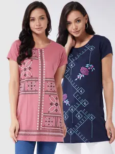 Modeve Women Multicoloured 2 Printed Raw Edge T-shirt