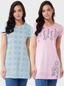 Modeve Women Blue & Pink Floral 2 Printed Cotton T-shirt
