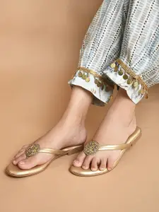 XE Looks Women Gold-Toned Embellished T-Strap Flats