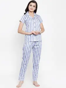 Claura Women Blue & White Striped Night suit