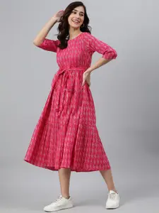 Janasya Cotton Woven Design Tiered Dress