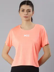 MKH Women Orange & White Brand Logo Kimono Sleeves Crop Dri-FIT T-shirt