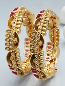 KARATCART Set Of 2 Gold-Plated & Red Kundan-Studded Bangles