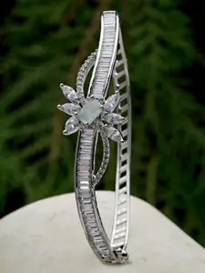 KARATCART Silver-Toned White & Green CZ-Studded Handcrafted Bangle