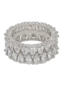 ANAYRA 925 Sterling Silver Silver-Toned White Stone Studded Finger Ring
