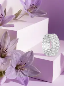 ANAYRA 925 Sterling Silver Silver-Toned White Stone Studded Finger Ring