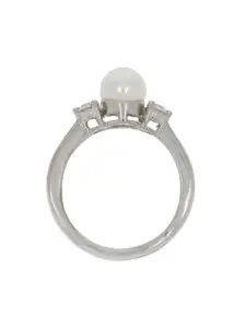 ANAYRA 925 Sterling Silver Silver-Toned White Stone-Studded Beaded Finger Ring