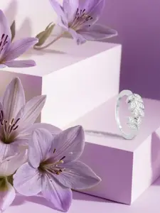 ANAYRA 925 Sterling Silver Silver-Toned White Stone Studded Feather Adjustable Finger Ring