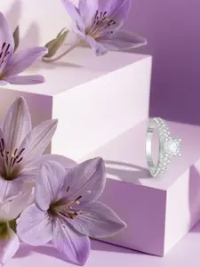 ANAYRA 925 Sterling Silver Silver-Toned White AD-Studded Finger Ring