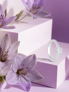 ANAYRA 925 Sterling Silver Silver-Toned White AD-Studded Finger Ring