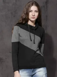 Roadster Women Black & Charcoal Solid Hooded Sweatshirt