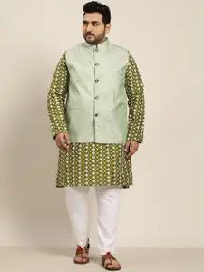 SOJANYA PLUS Men Green & White Chikankari Embroidered Kurta with Churidar & Nehru Jacket