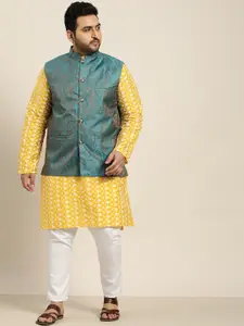 SOJANYA PLUS Men Yellow Embroidered Kurta with Churidar Comes with a Nehru Jacket