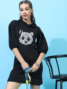 Tokyo Talkies Women Black Printed Hooded Cotton Sweatshirt