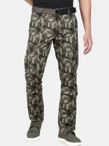 t-base Men Olive Green Camouflage Printed Easy Wash Cargos Trousers