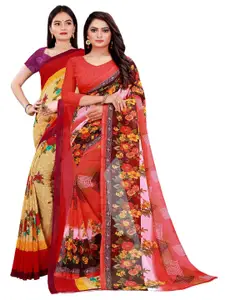 Florence Beige & Red Set of 2 Pure Georgette Printed Saree