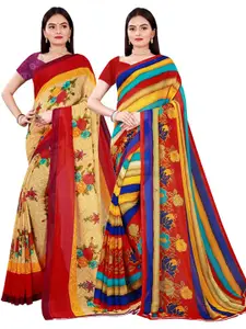 Florence Beige & Red Set of 2 Pure Georgette Printed  Saree