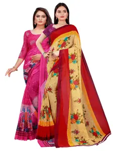 Florence Pack Of 2 Women Beige & Pink Printed Pure Georgette Saree With Unstitched Blouse