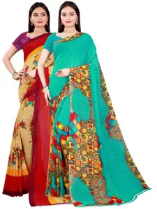 Florence Pack Of 2 Women Beige & Green Printed Pure Georgette Saree With Unstitched Blouse