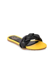 Shoetopia Women Black & Yellow Open Toe Flats