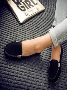 ShoetopiaWomen Black Solid Suede Loafers