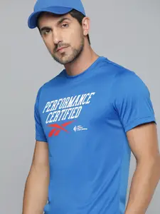 Reebok Men Blue & White Typography Printed Slim Fit Training Statement T-shirt