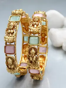 KARATCART Women Set of 2 Gold-Toned & Blue Rajwadi Gold Plated Temple Bangles