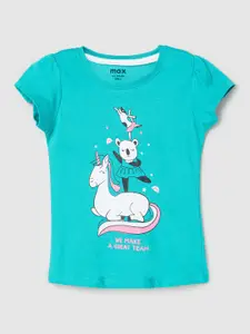 max Kids Girls Green Printed Unicorn Pure Cotton Applique T-shirt