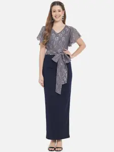 Just Wow Women Grey Lace Maxi Belted Dress