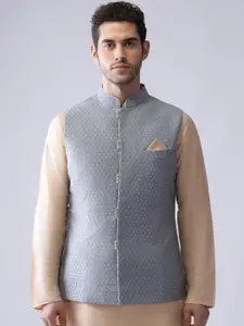 KISAH Men Grey Printed Woven Nehru Jackets