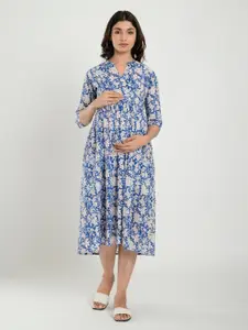 CRAFIQA Women Blue Floral Print Maternity & Nursing Cotton Midi Dress