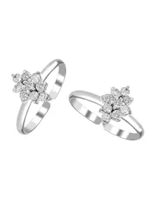 LeCalla Women 925 Sterling Silver Plated White CZ-Studded Shimmer Flower Toe Ring