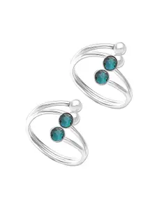 LeCalla Silver-Plated Quartz Green Stone-Studded Toe Rings
