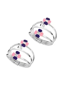LeCalla Women Set of 2 Pink & Navy Blue 925 Sterling Silver CZ Studded Floral Toe Rings